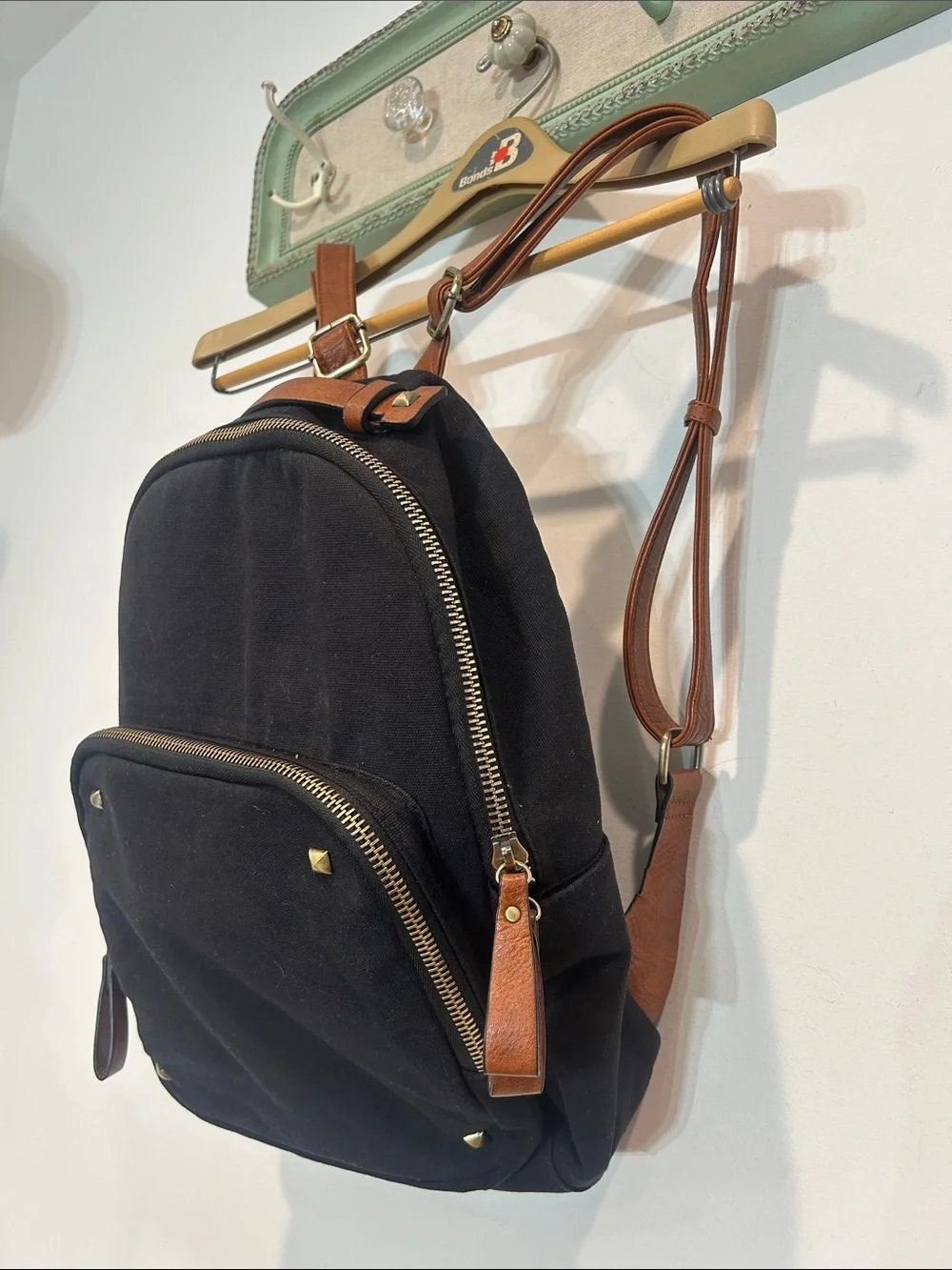 Altar'd State Black canvas studded Backpack l Brown Leather Trim one size adult